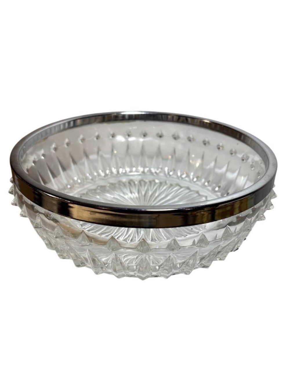 Cut Glass Serving Bowl Silver Tone Rim Starburst & Geometric Design 8.5" MCM